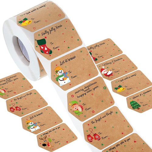 Zonon 720 Pieces Self Adhesive Christmas Gift Tag Xmas Kraft Name Tags Natural Kraft Christmas Stickers Paper Tags Christmas Labels for Christmas Decoration(Classic Style)