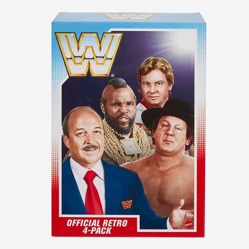 WWE Retro Action Figure 4 Pack - Cowboy Bob Orton, Mean Gene Okerlund, Mr T & Rowdy Roddy Piper