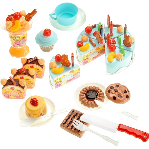PowerTRC 75 Pcs DIY Birthday Cake Food Cutting Kitchen Toy Set | Pretend Party Role Play Sweet Tea Party Set Gift with Cake, Ice Cream, Biscuit, Removable Candles & Stickers for Kids (Blue)