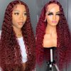24 Inch Burgundy Lace Front Wigs Human Hair Wigs for Black Women 99J Deep Wave Wigs Glueless Wet and Wavy Red Colored Curly Human Hair Wig Pre Plucked 13x4 Transparent Lace Frontal Wigs 180% Density