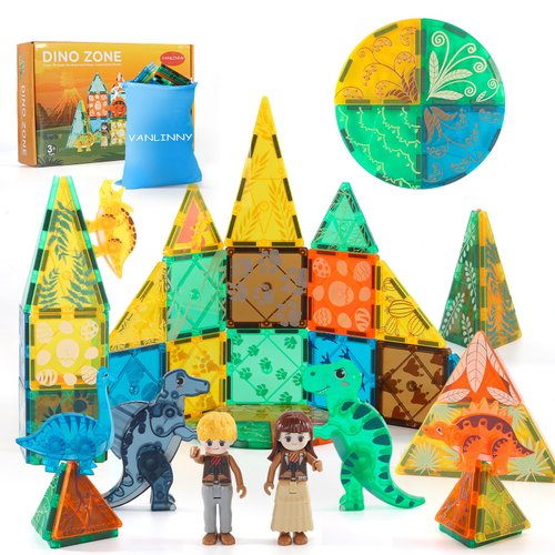 VANLINNY Magnetic Tiles,Dinosaur Magnet Building Blocks Toys for Kids Ages 3+,Animals Educational Stack Connecting Tile Construction for Boys/Girls/Toddlers to Improve Imagination/Creativity.