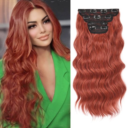 YOGFIT Wavy Hair Extension 20 Inch 4PCS Auburn Red Long Clip in Hair Extensions Soft Synthetic Ha...