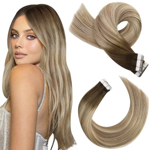Moresoo Hair Extensions Tape in Human Hair Extensions Balayage Tape in Hair Extensions Real Hair Ombre Brown to Light Brown Mix with Blonde Tape in Extensions 14 Inch #3/8/22 20pcs 50g