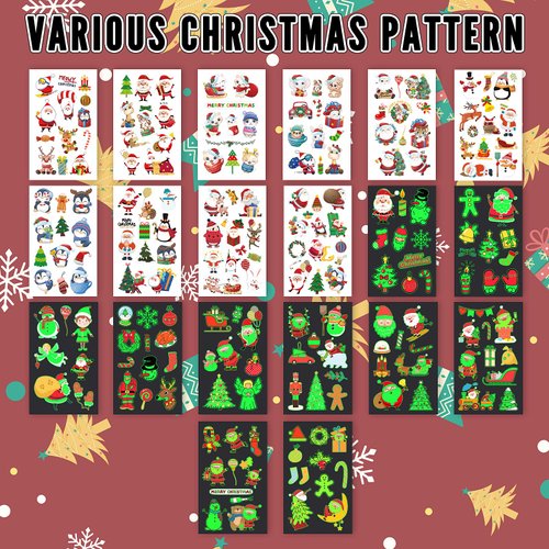 216 Styles Christmas Party Favors, 20 Sheets Christmas Decoration Christmas Luminous Tattoos Temporary, Glitter Tattoos Christmas Treats Christmas Party Favors Stocking Stuffers for Kids, Teenage Girl