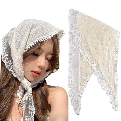 Floral Hair Scarf Headband for Women White Lace Hair Bandana Head Kerchief Tie Back Headwrap,Vintage Bandanas Scarf Boho Headbands Headscarf, Triangle Head Scarf Hair Accessories for Hair Styling