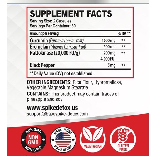 Spike Protein Detox - Spike Support Supplement with Nattokinase 4000Fu, Bromelain 500mg, Curcumin 1000mg - Unflavored Blend Promoting Improved Wellness - Made in The USA - 60 Capsules, 30 Day Supply