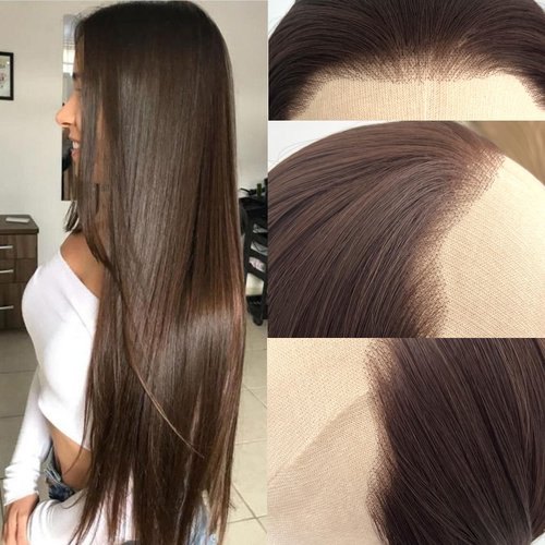 Jozlynn Dark Brown Lace Front Wigs Straight Darker Brown Hair Long Heat Resistant Synthetic Hair Half Hand Tied Wigs for Women Daily Wear (Chocolate Brown,Straight, 22 Inch)