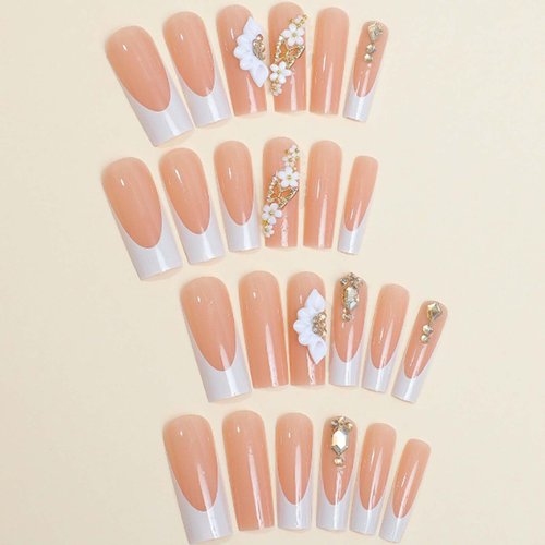 Gifiky Long Square Press on Nails 3D Daisy Butterfly Fake Nails Nude Nails Tips Full Cover French False Nails for Women and Girls 24Pcs