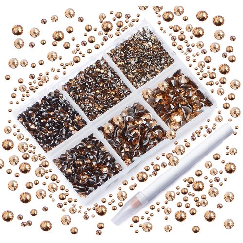 AD Beads 4300 Pieces Flat Back Nail Art Rhinestones Round Beads 6 Sizes (2-6.5mm) with Storage Organizer Box,Rhinestones Picking Pen for Nail Art Phone Decorations Crafts DIY (Smoked Topaz)
