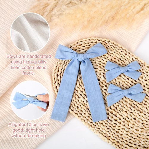 DEEKA Blue Cotton Linen Hair Bows 2 Sizes 5"&3.5" Soft Hair Bow set for Toddler Girls Long Ponytail Knot Bows Alligator Clip Hair Accessories for Little School Girls (Blue)