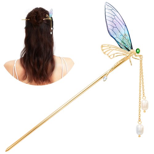 KZQtriid Hair Accessories，14k Gold Plated Copper，Vintage Handcrafted，Colour Enamels Dragonfly Tassels Hair Stick，5.90"Hair Clip.Hair Chopsticks For Women