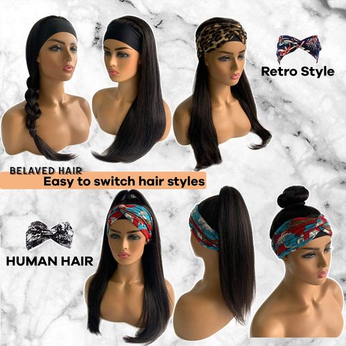 Human Hair Headbands Wigs 1B Straight Hair No Lace Front Wigs 12" Full Machine Made Scarf Wig Natural Black for Women Full Head 150% Density Can Be Restyle