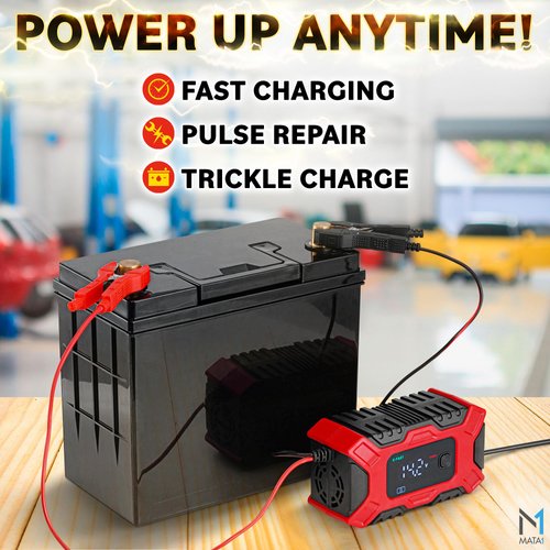 Mata1 Car Battery Charger (12V / 6A), Automotive Trickle Charger for Lead Acid Batteries, Smart LCD Display w/ 4 Charging Modes, Automobile Maintainer for Car, Motorcycle, Lawn Mower, RV & ATV