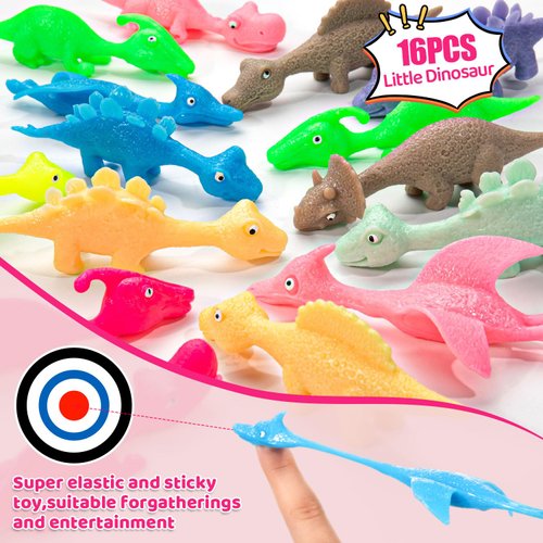KXCOFTXI 16 Pcs Slingshot Dinosaur Finger Toys, Finger Slingshot Novelty Toys, Amusements Rubber Toy for Dinosaur Party Favors, School Party, Friends Gathering