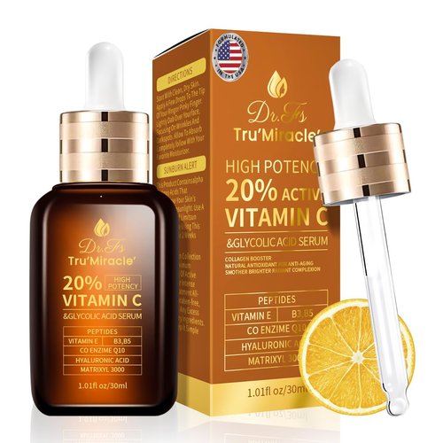 20% Vitamin C Serum for Face with Glycolic Acid and Hyaluronic Acid - Boosts Collagen, Fades Dark Spots, Wrinkles and Aging Signs - Vitamin C Face Serum for All Skin Types (1 Fl Oz)