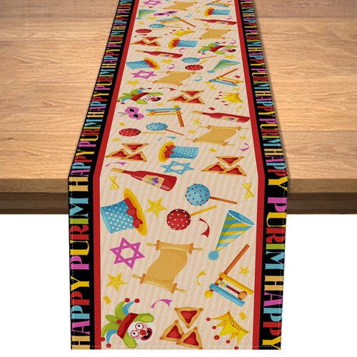 Happy Purim Table Runner Jewish Holiday Carnival Party Circus Clown Table Cover Hamantaschen Hat Masque Gragger Tablecloth Linen for Indoor Outdoor Holiday Birthday Party Kitchen Home Table Decor