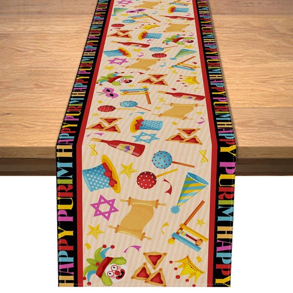 Happy Purim Table Runner Jewish Holiday Carnival Party Circus Clown Table Cover Hamantaschen Hat Masque Gragger Tablecloth Linen for Indoor Outdoor Holiday Birthday Party Kitchen Home Table Decor