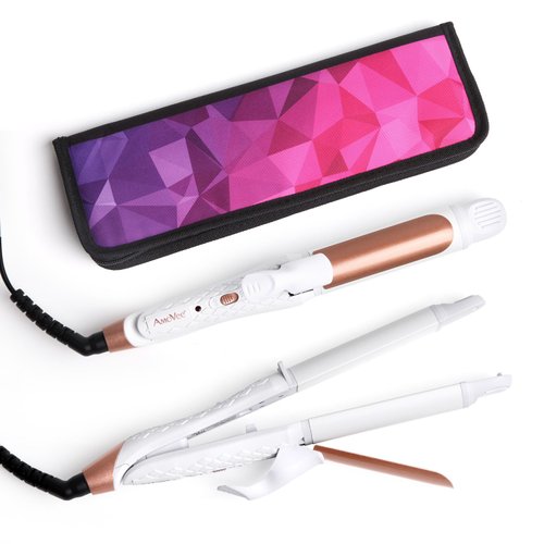 AmoVee Travel Curling Iron, 2 in 1 Mini Flat Iron Travel Hair Straightener, Dual Voltage, 1 inch, Carry Bag Included, A Valentines Day Gifts for Her (White)