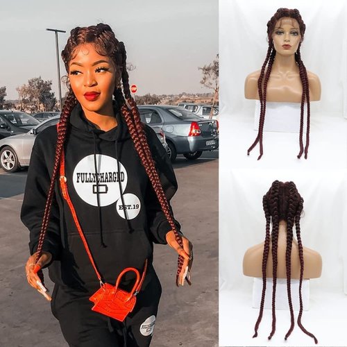 Kalisa Wine Red 4 Twist Lace Front Braid Wig Nature Looking with Baby Hair Synthetic Wigs Hand Tied Heat Resistant Fiber 4 Braided Daily Wear Wigs for Women 30 Inches