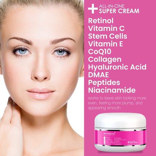 All In One Super Anti-Aging Cream for Face with Retinol, Vitamin C, Stem Cells, Vitamin E, CoQ10, Collagen, Hyaluronic Acid, DMAE, Peptides, Niacinamide Trial Size
