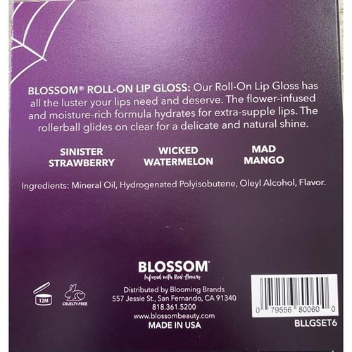 Blossom Scented Roll on Lip Gloss, Infused with Real Flowers, Made in USA, 0.3 fl. oz./9ml, 3 pack Mini Gift Set, Sinister Strawberry/Wicked Watermelon/Mad Mango