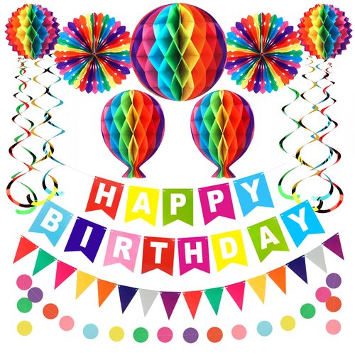 Anwyll Rainbow Birthday Party Decorations Kit for Kids Children Girls Boys,Colorful Birthday Party Decorations Set,Happy Birthday Decor Banner,Reusable Honeycomb Birthday Party Supplies for Women Men