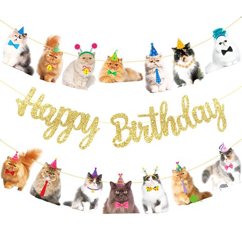 Persian Cat Birthday Banners Persian Cat Birthday Party Decorations 3Pcs Kitten Birthday Decorations Supplies Cat Party Banners for Baby Shower Glitter Gold Happy Birthday Sign