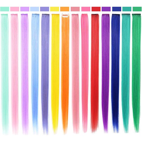 LiaSun 24Pcs/set 12 Colors Straight Highlight Clip in Hair Extensions 20 Inch Colored Party Hair Pieces for Grils Women (24Pcs Multicolor)