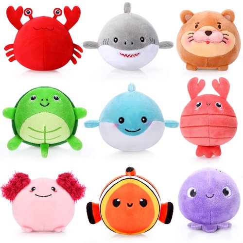 Harrycle 9 Pcs Mini Sealife Stuffed Animals 3.15 Inch Stuffed Shark Turtle Ocean Animal Plushies for Birthday Ocean Party Decors Gift Bag Fillers Valentines Easter Basket Stuffers Classroom Prizes