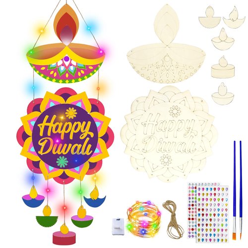 Happy Diwali Door Hanger,Festival of Lights Party Favors Front Door Hanging Sign Decorations Deepawali Sign Wooden Paint Arts Ornaments DIY Coloring Craft for Indian New Year Welcome Supplies