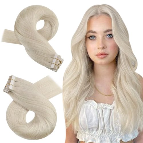 Moresoo Human Hair Tape in Extensions Blonde Hair Extensions Tape in Real Hair Platinum Blonde Tape in Hair Extensions Real Human Hair Seamless Hair Extensions 22 Inch #60 20pcs 50g