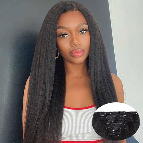 Yargel Hair 24 Inch Kinky Straight Clip in Hair Extensions for Black Women Full Head Yaki Straight Seamless Clip ins Synthetic Hair Pieces(1 pack)