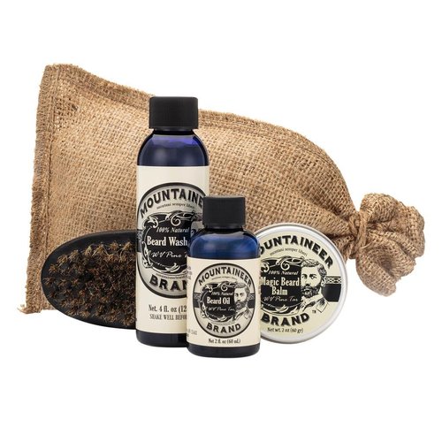 Mountaineer Brand Beard Grooming Care Kit for Men, Beard Oil (2oz), Conditioning Balm (2oz), Wash (4oz), Brush, WV Pine Tar Scent, Perfect Gift
