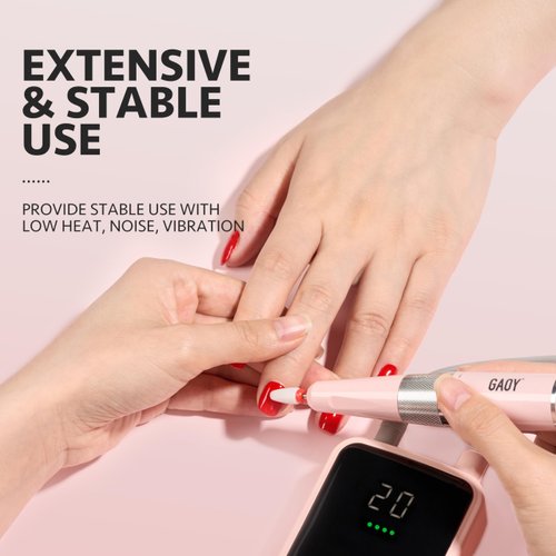 GAOY Rechargeable Cordless Nail Drill for Beginners, Electric Nail File with 12 Nail Drill Bits and Sanding Band Set for Acrylic and Gel Nails, Pink