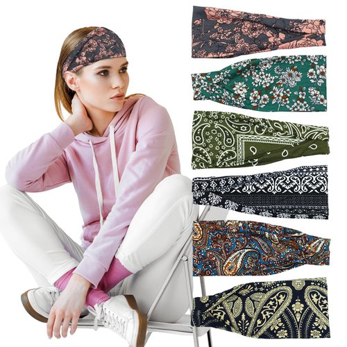 Pejnl Boho Headbands for Women - Fashionable Wide Headband for Yoga, Workout, and Hair Accessories - Non-Slip, Stretchy - 6 Pack Hair Bands