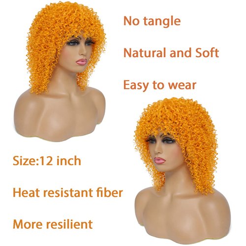 Elvirgel Orange Afro Wigs with Bangs for Black Women Short Orange and Blonde Curly Hair Wigs Burnt Orange Wigs for Black Women (light orange)