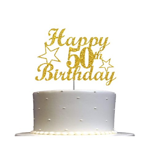 50 Birthday Cake Topper Gold Glitter, Party Decoration Ideas, Premium Quality, Sturdy Doubled Sided Glitter, Acrylic Stick. Made in USA (50th)