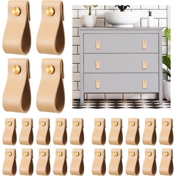 24 Pieces PVC Leather Drawer Pulls Handmade PVC Leather Cabinet Pulls Cabinet Furniture Knobs Pull Handle Wardrobe Door Handle Pulls Knob for Dresser Drawers Cabinet (Light Brown)