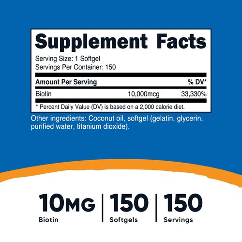 Nutricost Biotin (10,000mcg) in Coconut Oil 150 Softgels - Gluten Free, Non-GMO