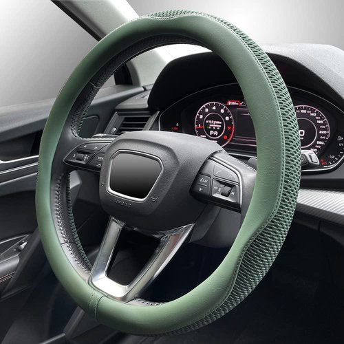 LKWLIKEI Car Steering Wheel Cover, Universal 15 inch, The Latest Microfiber Leather Breathable Technology Fabric, Non-Slip, Comfortable, Warm in Winter and Cool in Summer, Green