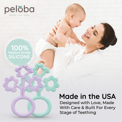 PELOBA Baby Teething Toys - Made in The USA - Medical Grade Silicone Baby Teether for Newborns, Infants & Toddlers - CPSIA Certified - Multiple Textures - Freezer & Dishwasher Safe