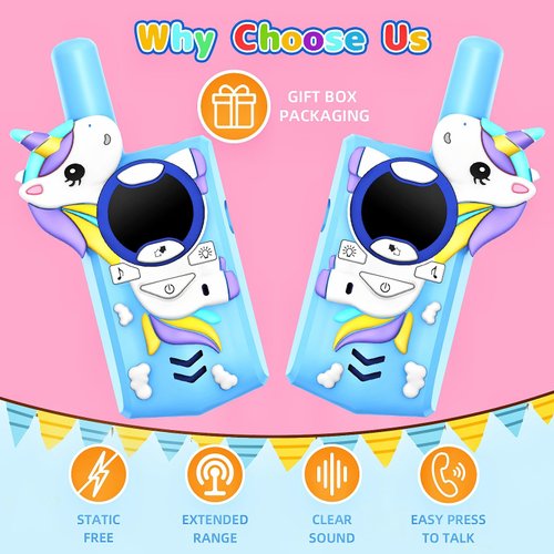 Unicorn Kids Walkie Talkies Rechargeable, 2 Miles Range 3 Channels 2 Way Radio, Birthday Gifts for Boys Girls,Family Games Outdoor Hiking Camping,3-12 Years Old Toys (Blue)