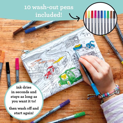 eatsleepdoodle Cars and Tractors Pencil Case for Kids w/ 10pk Washable Markers - 8.5x6in Coloring Pencil Pouch - Ultra Washable & Reusable Arts and Crafts for Kids