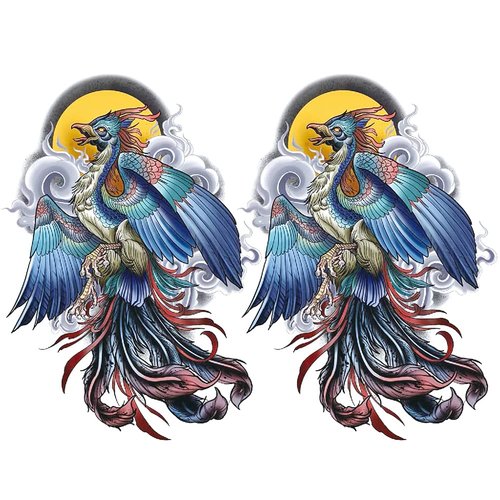 Oottati 2 Sheets Arm Thigh Leg Waterproof Fake Temporary Tattoos Stickers for Men and Women Blue Phoenix Feather