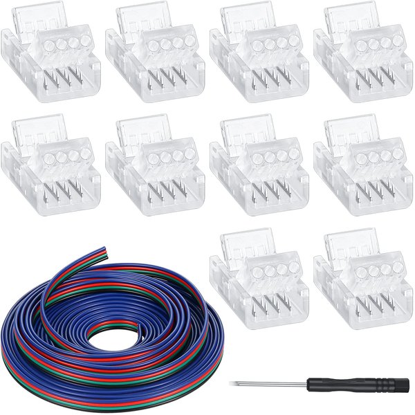 10 Packs 4 Pin LED Strip Light Connectors 10 mm, Solderless Led Strip Connector, Track Lighting Connectors for Waterproof RGB LED Strip Lights 16.4 Feet Conductor Extension Cable with Screwdriver