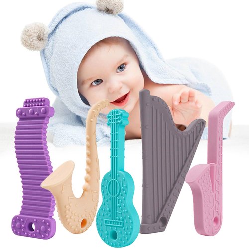 Baby Teething Toys,5 Pack Baby Teether Toys,BPA-Free,Teether Chew Toy Set,Soft Textures,Musical Instrument Shape Silicone Toddler Teething Toys for Babies 6-12 Months (Musical Instrument)