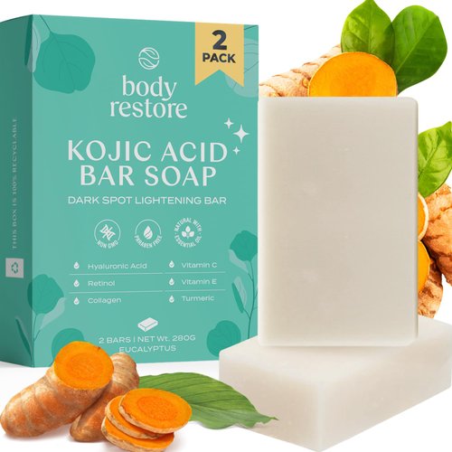 Body Restore Kojic Acid Soap, (Eucalyptus 2 Pack), with Vitamin C,E, Shea Butter, Collagen, Hyaluronic Acid, Turmeric, Retinol For Dark Spots, All Natural Soap Bar, Paraben Free