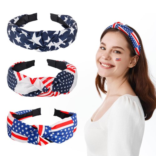 American Flag Headbands for Women Girls - Independence Day 4th of July Patriotic Headbands, Stars Stripes Twist Knotted Wide Headbands for Memorial Fourth of July Hair Accessories Gifts, 3Pcs