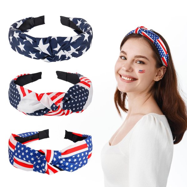American Flag Headbands for Women Girls - Independence Day 4th of July Patriotic Headbands, Stars Stripes Twist Knotted Wide Headbands for Memorial Fourth of July Hair Accessories Gifts, 3Pcs