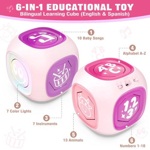 Learning Cube Toys for 1+ Year Old Girl, Bilingual Cube with Music & Light, Educational Toy for Toddler Age 1-2, Early Learning Musical Baby Toys 12-18 Month, Christmas Birthday Gifts for Kids Aged 1+